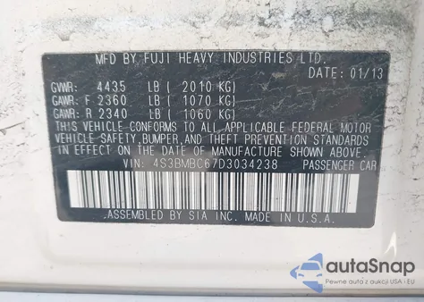 2013 Subaru Legacy 2.5I Premium z USA, uszkodzony, nr VIN 4S3BMBC67D3034238